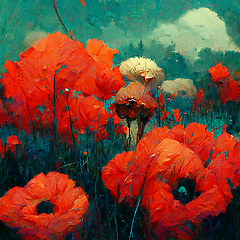 Image showing Beautiful poppy field in bright sunlight. Spring flower backgrou