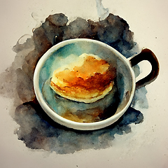 Image showing Watercolor drawing ceramic cup of hot coffee with milk orcappucc