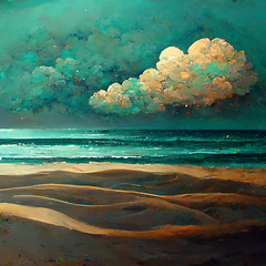 Image showing Sea beach landscape. Ocean view panorama, water sand and clouds.