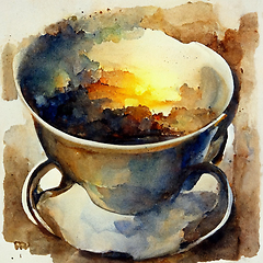 Image showing Watercolor drawing ceramic cup of hot coffee with milk or cappuc