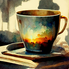 Image showing Watercolor drawing ceramic cup of hot coffee with milk or cappuc