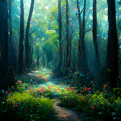 Image showing Beautiful sunny summer morning in magic forest.