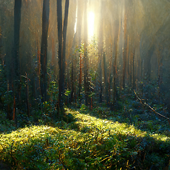 Image showing Beautiful sunny morning in magic forest.