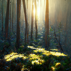 Image showing Beautiful sunny morning in magic forest.