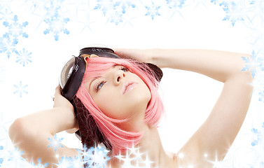 Image showing daydreaming pink hair girl in aviator helmet