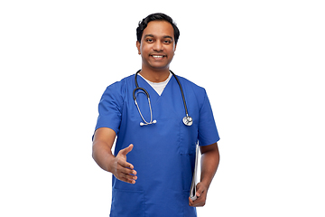 Image showing happy indian male doctor giving hand for handshake