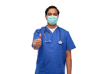 Image showing indian male doctor in mask showing thumbs up