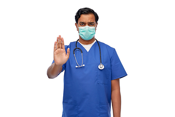 Image showing indian male doctor mask showing stop gesture
