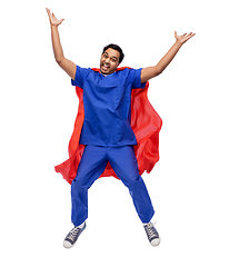 Image showing doctor or male nurse in superhero cape jumping