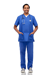 Image showing happy indian doctor or male nurse with stethoscope