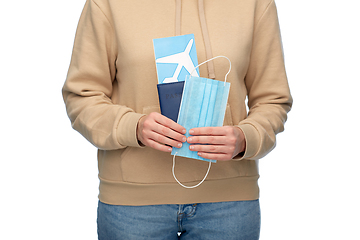 Image showing woman with mask, passport and air ticket