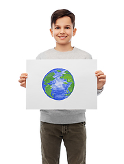 Image showing smiling boy holding drawing of earth planet