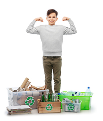 Image showing smiling boy sorting paper, metal and plastic waste