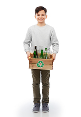 Image showing smiling boy with wooden box sorting glass waste