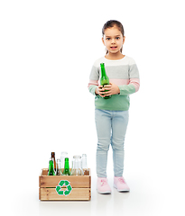 Image showing smiling girl with wooden box sorting glass waste