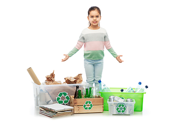 Image showing happy girl sorting paper, metal and plastic waste