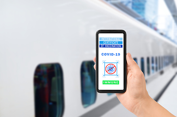 Image showing hand holding phone with certificate of vaccination
