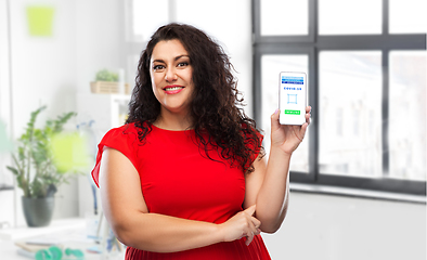 Image showing woman with certificate of vaccination on phone