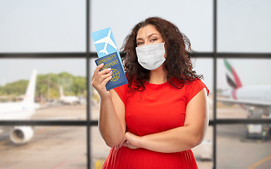 Image showing woman in mask with immunity passport and ticket