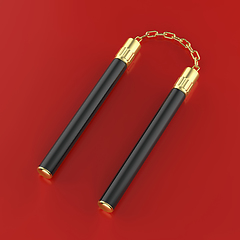 Image showing Black nunchaku with gold chain