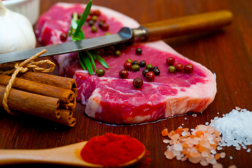 Image showing raw uncooked  ribeye beef steak butcher selection