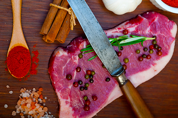 Image showing raw uncooked  ribeye beef steak butcher selection