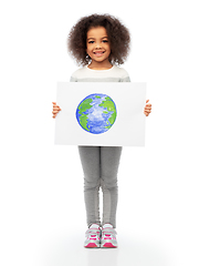 Image showing smiling girl holding drawing of earth planet