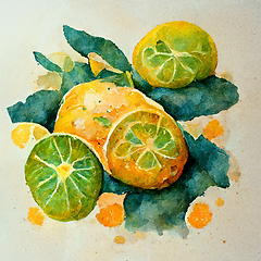 Image showing Fresh citrus fruits. Watercolor citrus, lime, orange, lemon whol