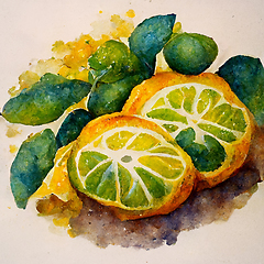 Image showing Fresh citrus fruits. Watercolor citrus, lime, orange, lemon whol