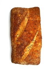 Image showing loaf of bread with seeds on white background
