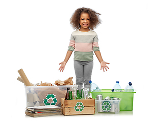 Image showing happy girl sorting paper, metal and plastic waste