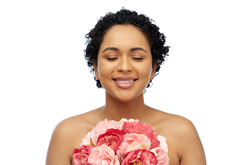 Image showing portrait of african american woman with flowers