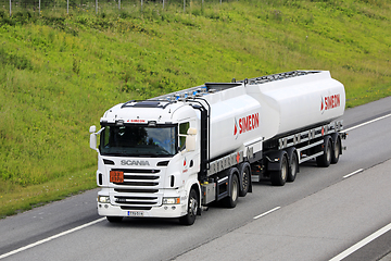 Image showing White Scania Tank Truck Hauls ADR Dangerous Goods