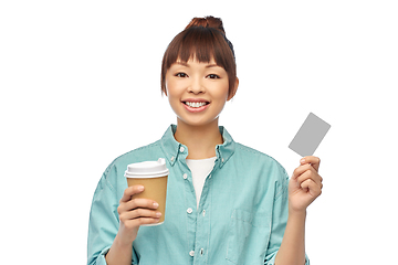 Image showing happy asian woman drinking coffee