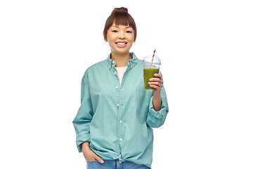 Image showing happy smiling asian woman with can drink