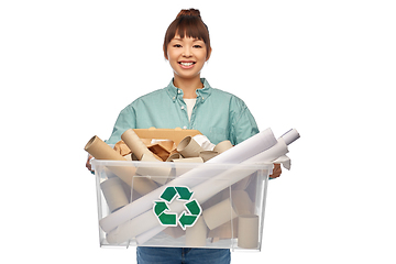 Image showing happy smiling asian woman sorting paper waste