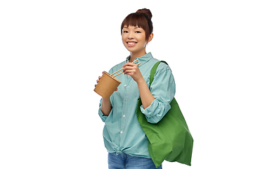 Image showing asian woman with reusable bag for food and wok