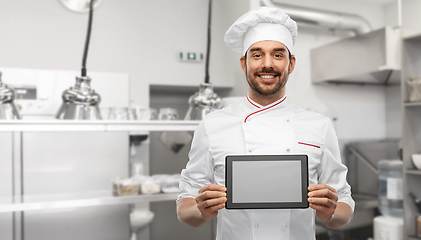 Image showing happy smiling male chef with tablet pc at kitchen