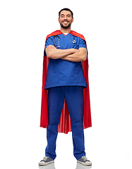 Image showing smiling doctor or male nurse in superhero cape