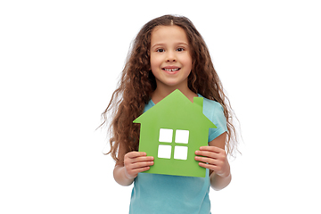 Image showing smiling little girl holding green house icon