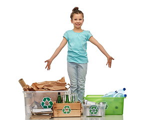 Image showing happy girl sorting paper, metal and plastic waste