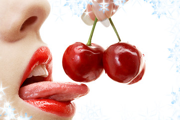 Image showing cherry, lips and tongue