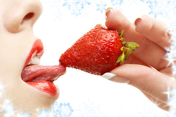 Image showing strawberry, lips and tongue