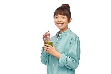 Image showing happy smiling asian woman with can drink