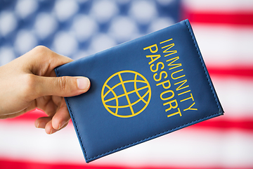 Image showing hand holding immunity passport over american flag