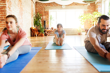 Image showing group of people doing yoga forward bend at studio