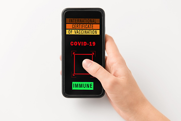 Image showing hand holding phone with certificate of vaccination