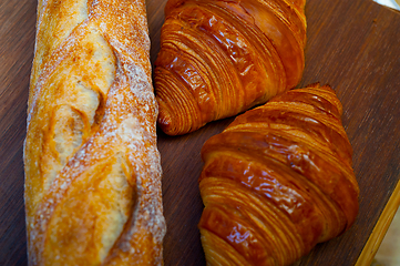 Image showing French fresh croissants and artisan baguette tradition