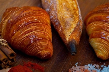 Image showing French fresh croissants and artisan baguette tradition