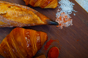 Image showing French fresh croissants and artisan baguette tradition